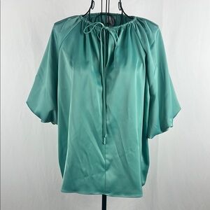 Worthington‎ Woman’s Large Teal Green Blouse Short Sleeve Tie around Neck